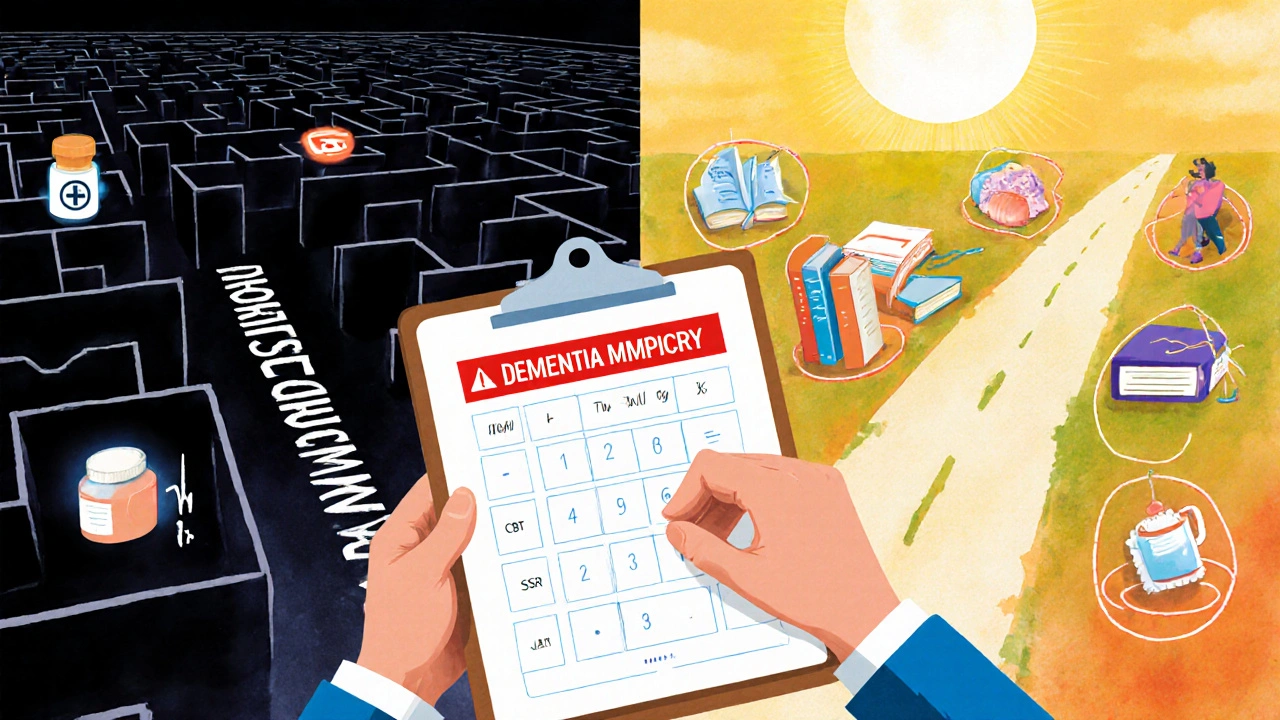 A doctor’s clipboard showing ACB score warning, with two paths: one dark maze of risks, one bright path of safer alternatives.