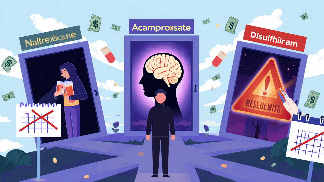 A person at a crossroads with three doors symbolizing AUD medications, surrounded by pills, money, and a calendar.