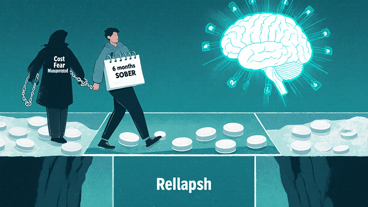 A person crossing a pill bridge over relapse, with shadowy barriers and an AI brain guiding their path.