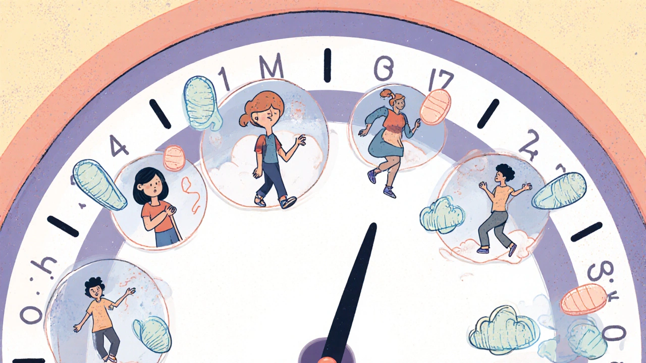 A whimsical 24-hour clock showing pain relief progression with etodolac, from discomfort to mobility.