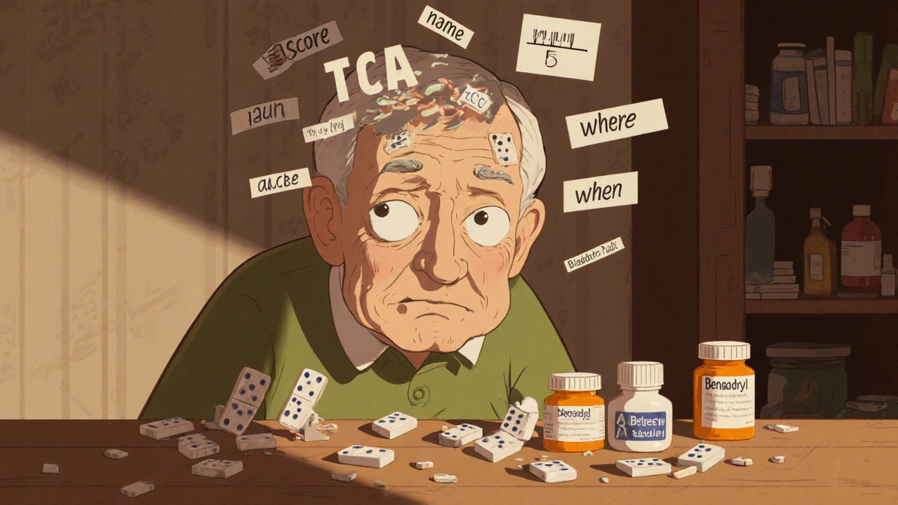 An elderly person with transparent head revealing fading words, surrounded by prescription bottles labeled TCA and Benadryl.