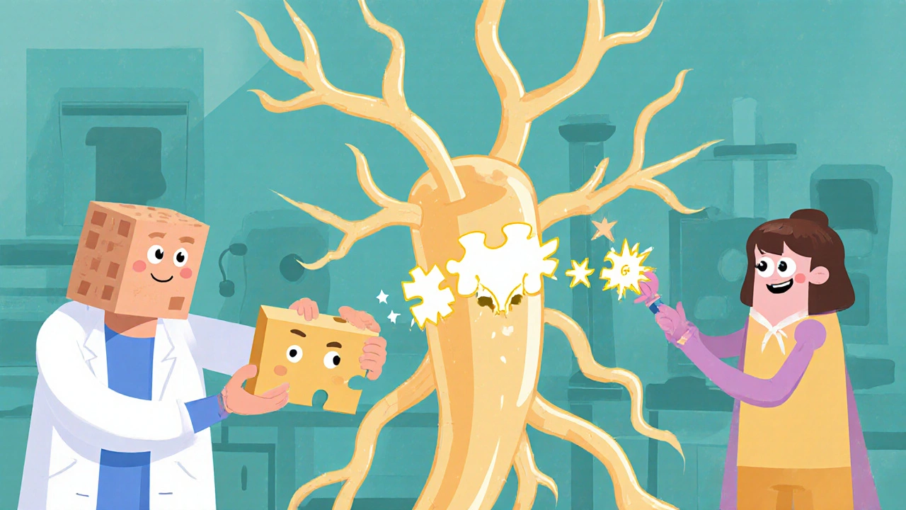 Cartoon B‑vitamin characters repairing a frayed nerve’s myelin sheath with glowing puzzle pieces.