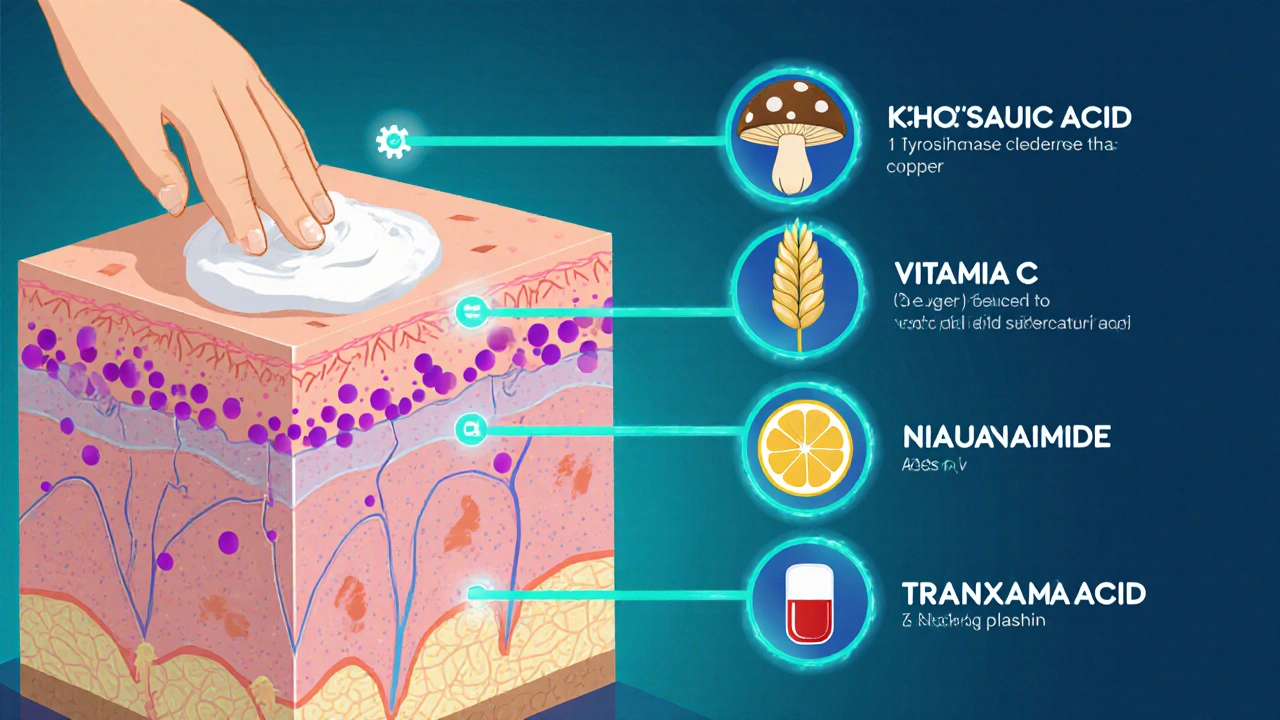 Cartoon cross‑section of skin showing melanin dots and icons illustrating how each brightening ingredient works.