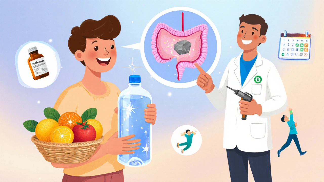 Cartoon of a person drinking water, healthy foods, and medical treatment icons.