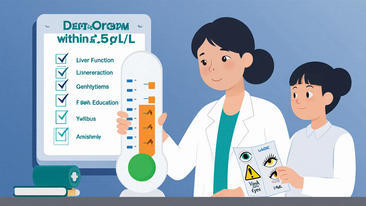 Clinician checks voriconazole trough levels on glowing gauge, with checklist icons and patient education visuals.