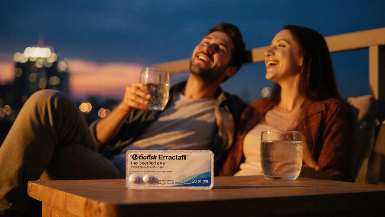 Couple on balcony at sunset with an Erectafil tablet on a coffee table.