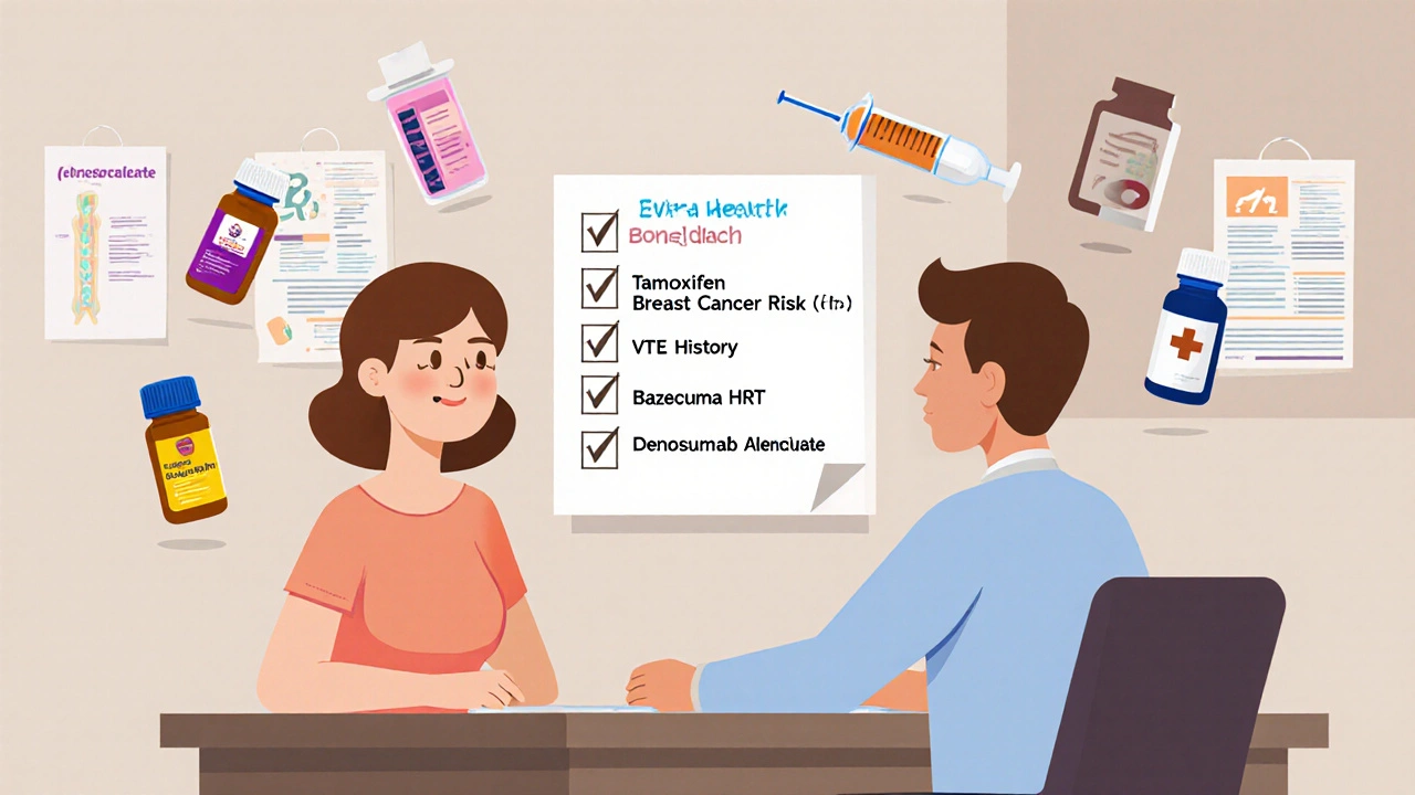 Doctor and patient discuss treatment options with floating checklist and various drug icons.