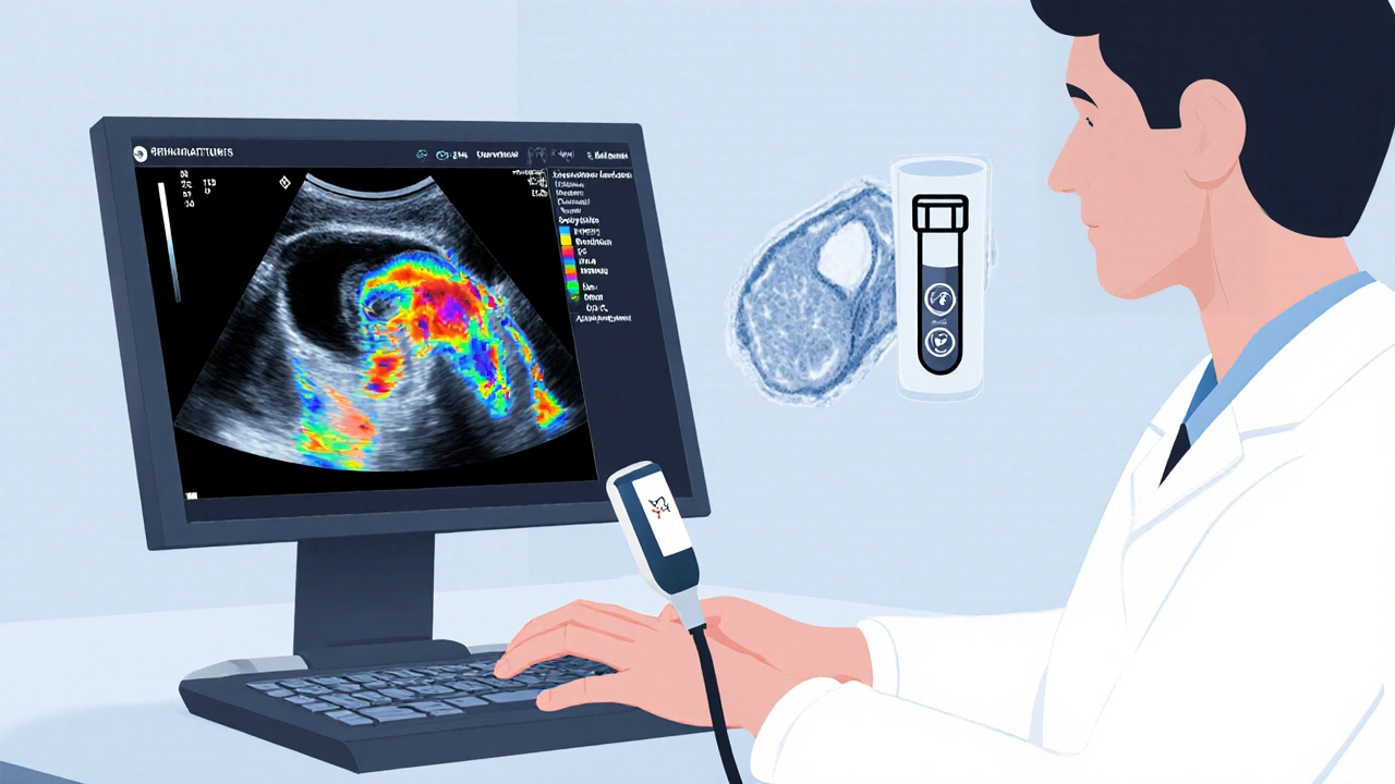 Doctor using ultrasound on a hand with visualized synovitis and nearby lab test icons.