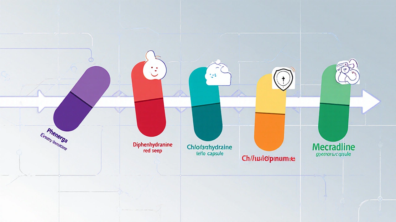 Flat vector icons of six antihistamine capsules with symbols for sedation, onset, and safety.