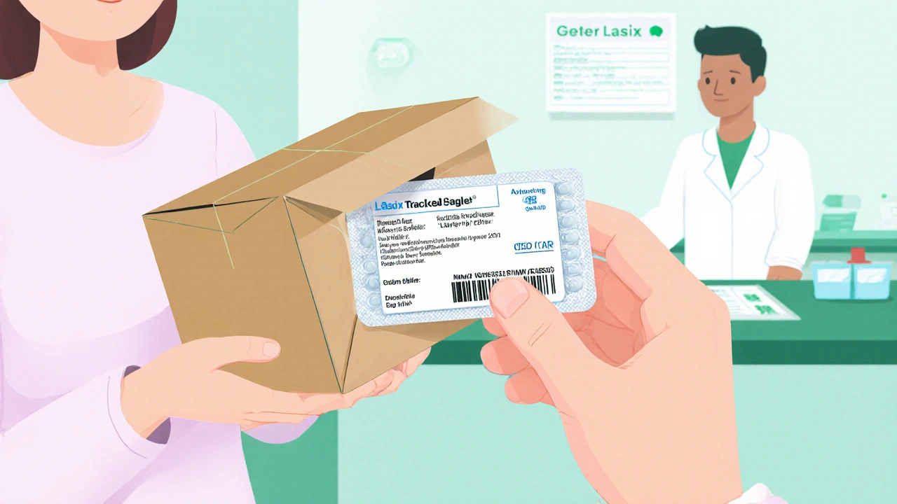 Hand receiving a parcel containing labeled generic Lasix medication.