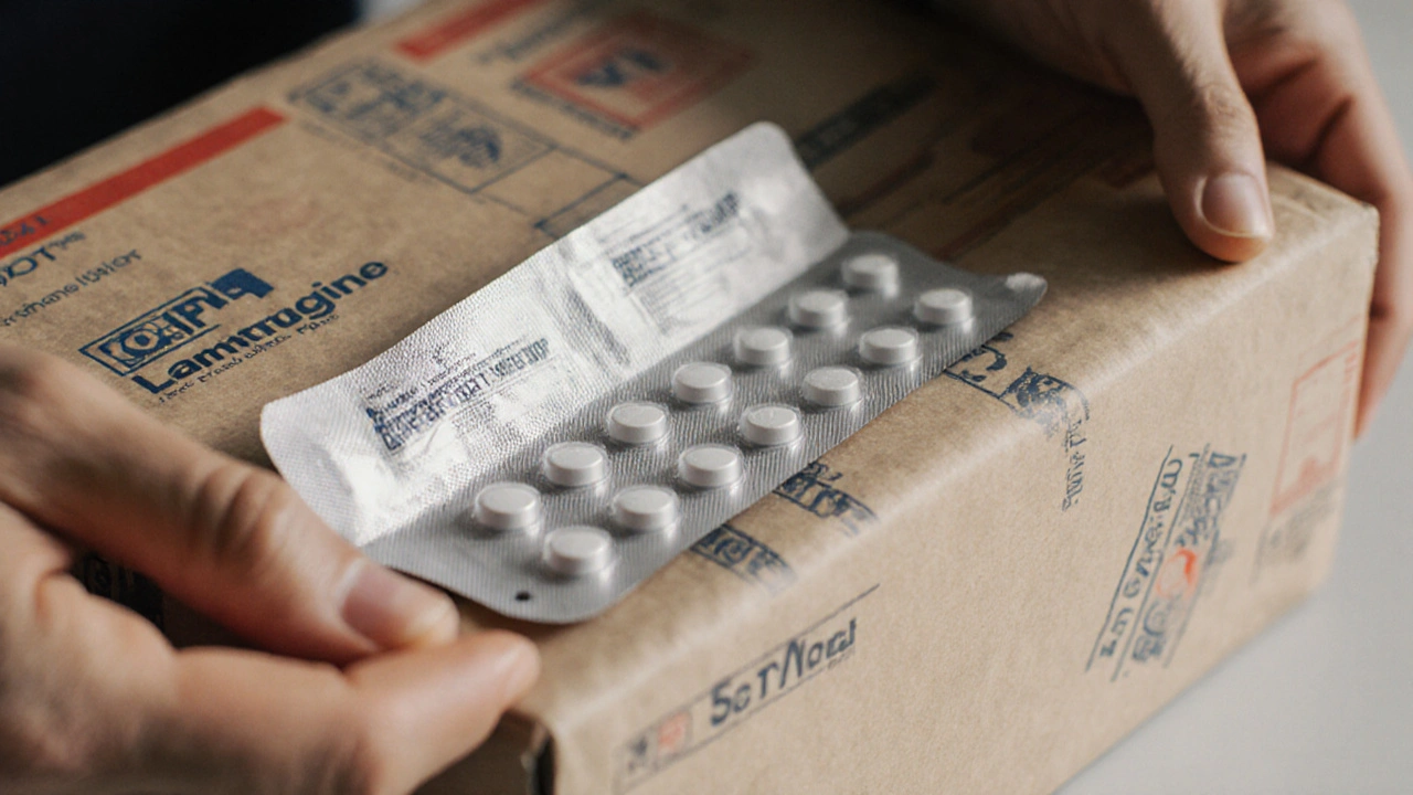 Hands inspecting a delivered lamotrigine blister pack.