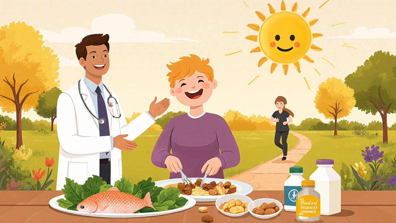 Happy individual preparing balanced meal with sun and doctor, illustrating healthy lifestyle to prevent burning.