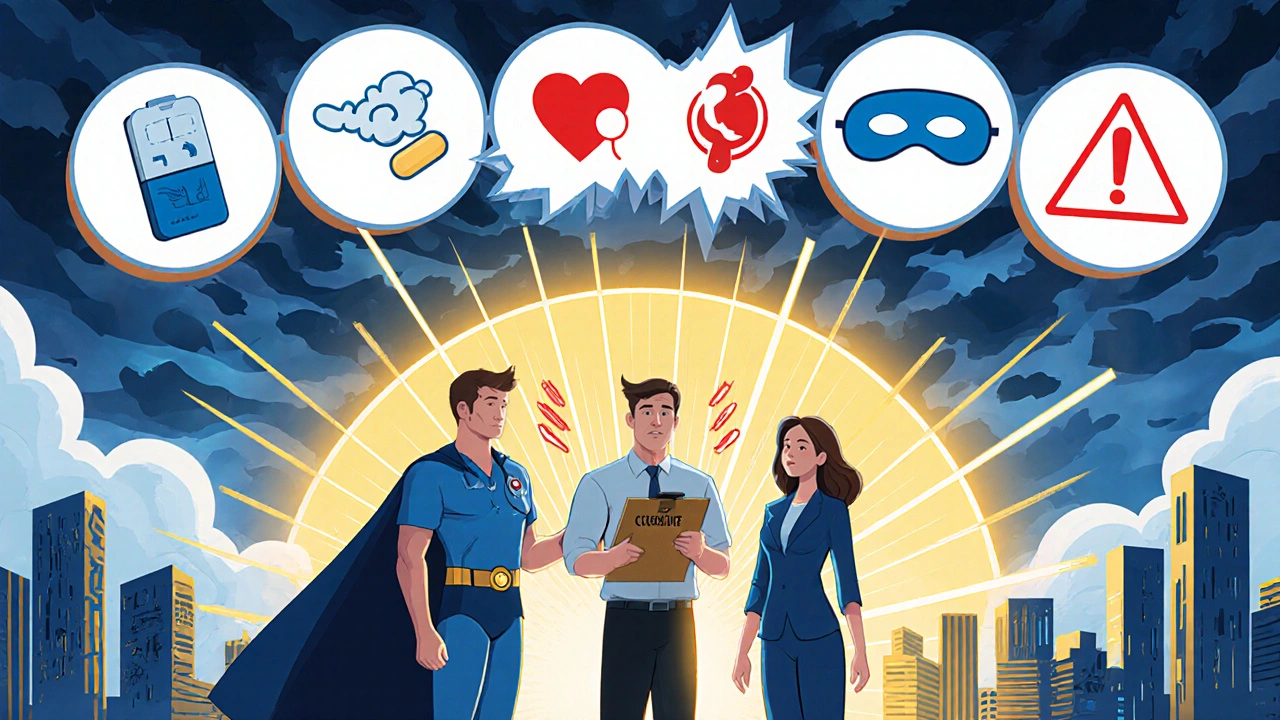 Heroic team of psychiatrist, therapist, and patient under a sunrise, illustrating clozapine integrated in PTSD care.