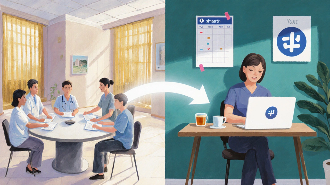 Hybrid scene linking a hospital meeting and a home laptop support.