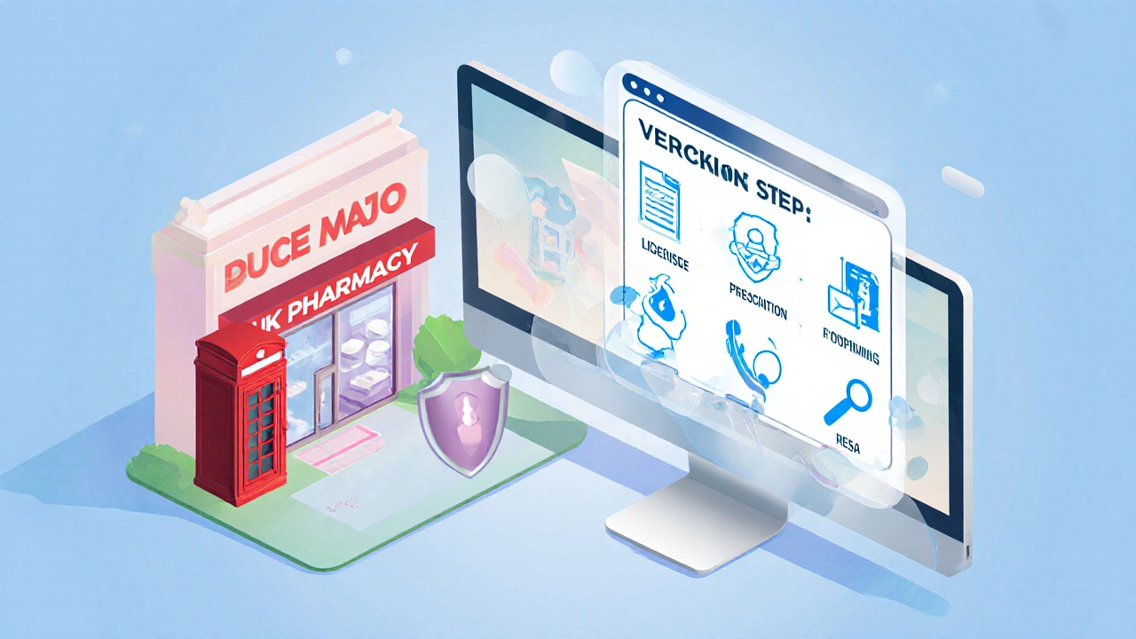 Illustrated checklist of steps to verify an online pharmacy.