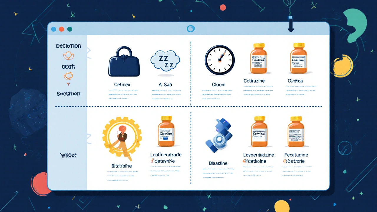 Illustrated guide shows cost, sedation, onset, metabolism icons for antihistamines.