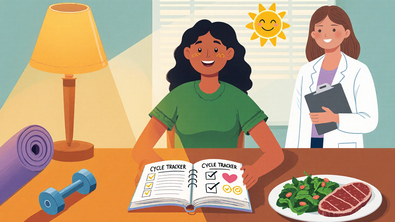 Individual tracking cycle, exercising, eating iron‑rich foods, and speaking with a clinician.