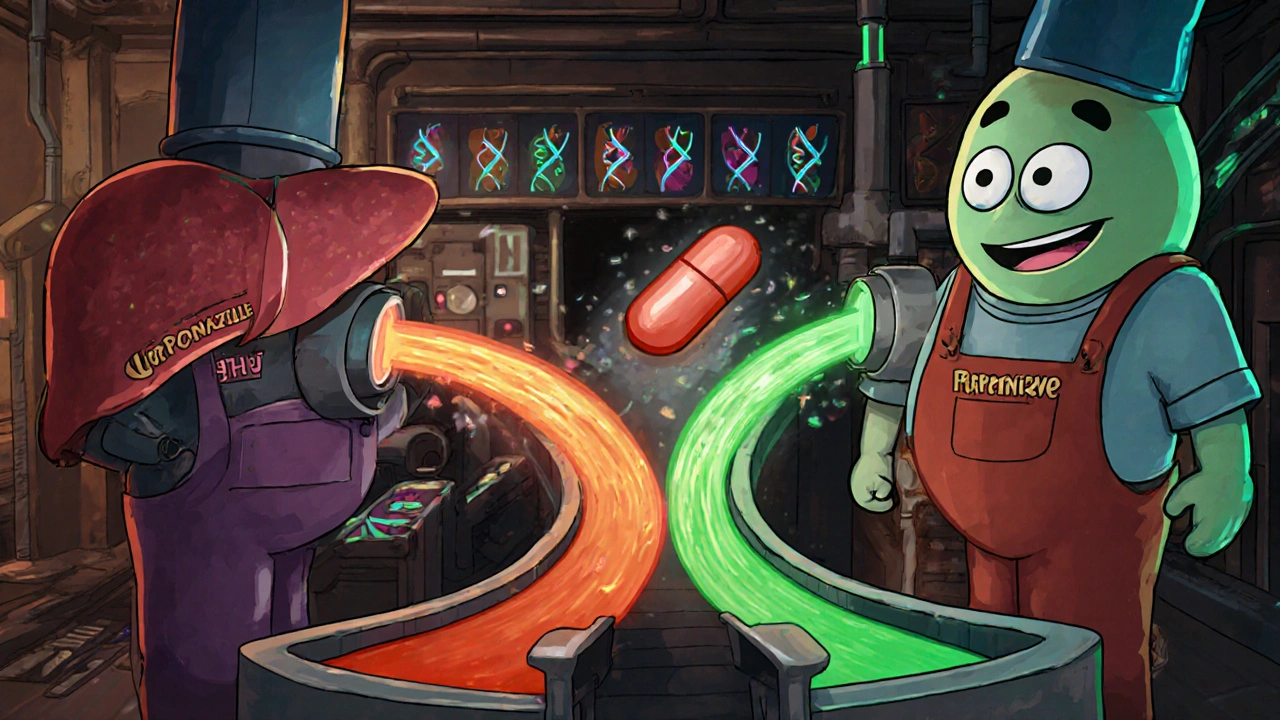 Liver factory with cartoon enzymes CYP2C19 and CYP3A4 processing voriconazole, showing metabolism speed variations.