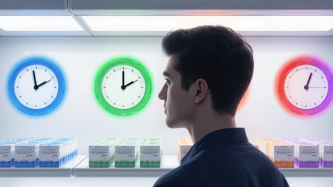 Man in pharmacy aisle with glowing pill boxes and floating clock icons above each.