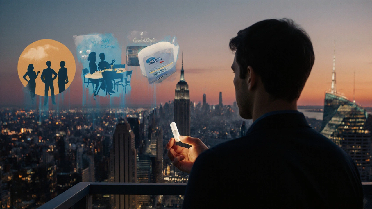 Man on dusk balcony holding an Erectafil tablet, with faint silhouettes of different lifestyle choices.