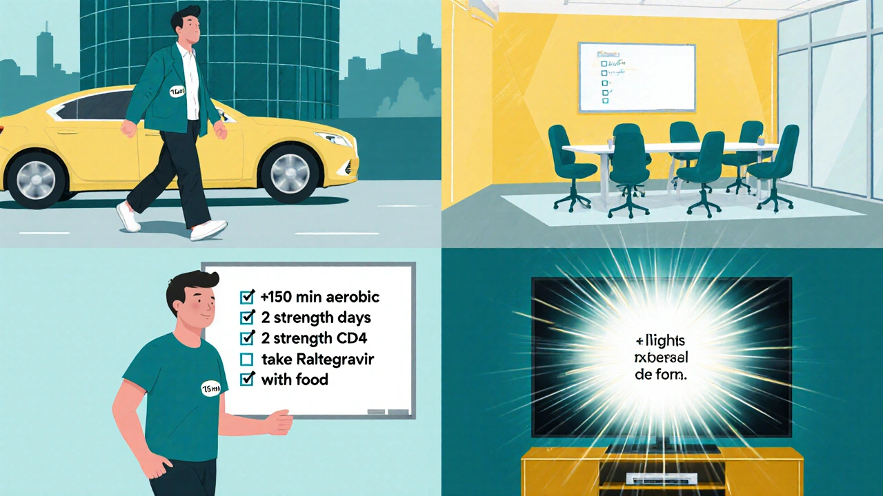 Montage of daily activities: walking to work, standing meeting, TV workout, with a floating exercise checklist.