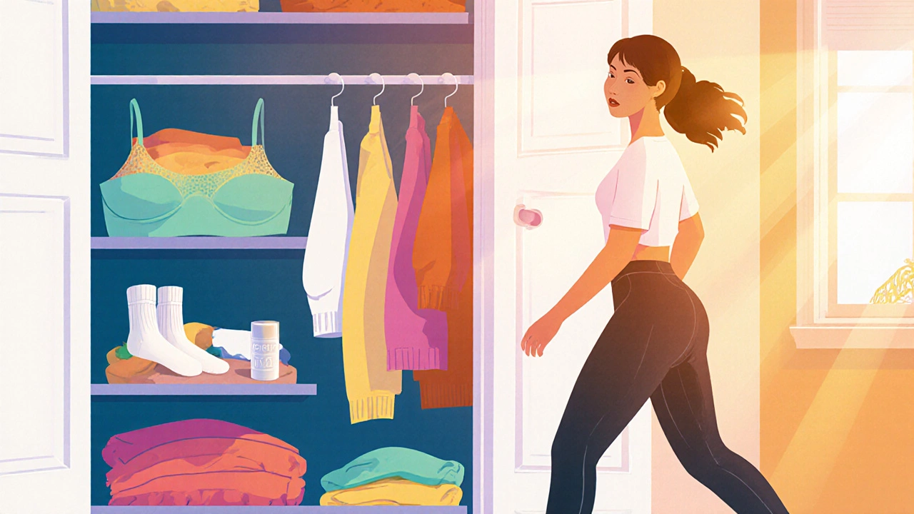 Open closet with breathable clothes and person walking in loose leggings.