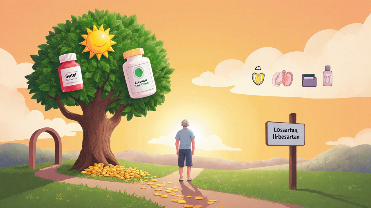 Patient at a forked path with icons guiding toward different pill bottles representing drug choices.