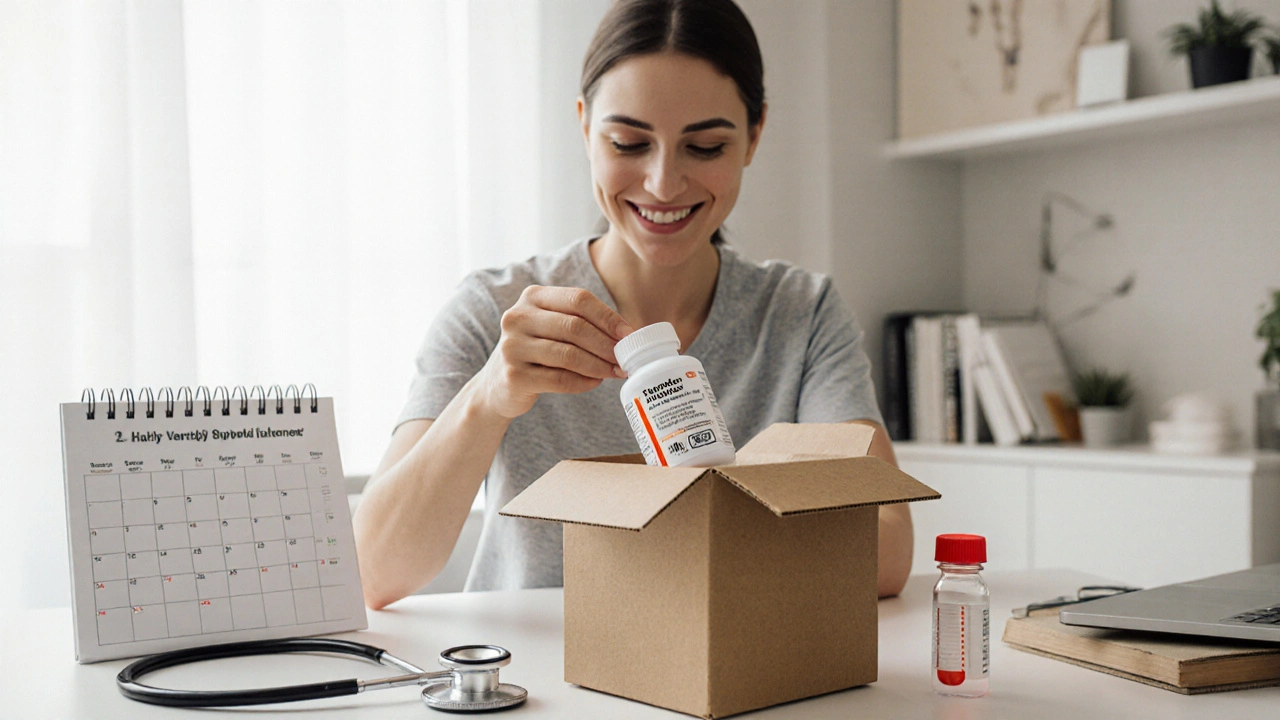 Patient opening a discreet package with tamoxifen bottle, calendar, and medical supplies.