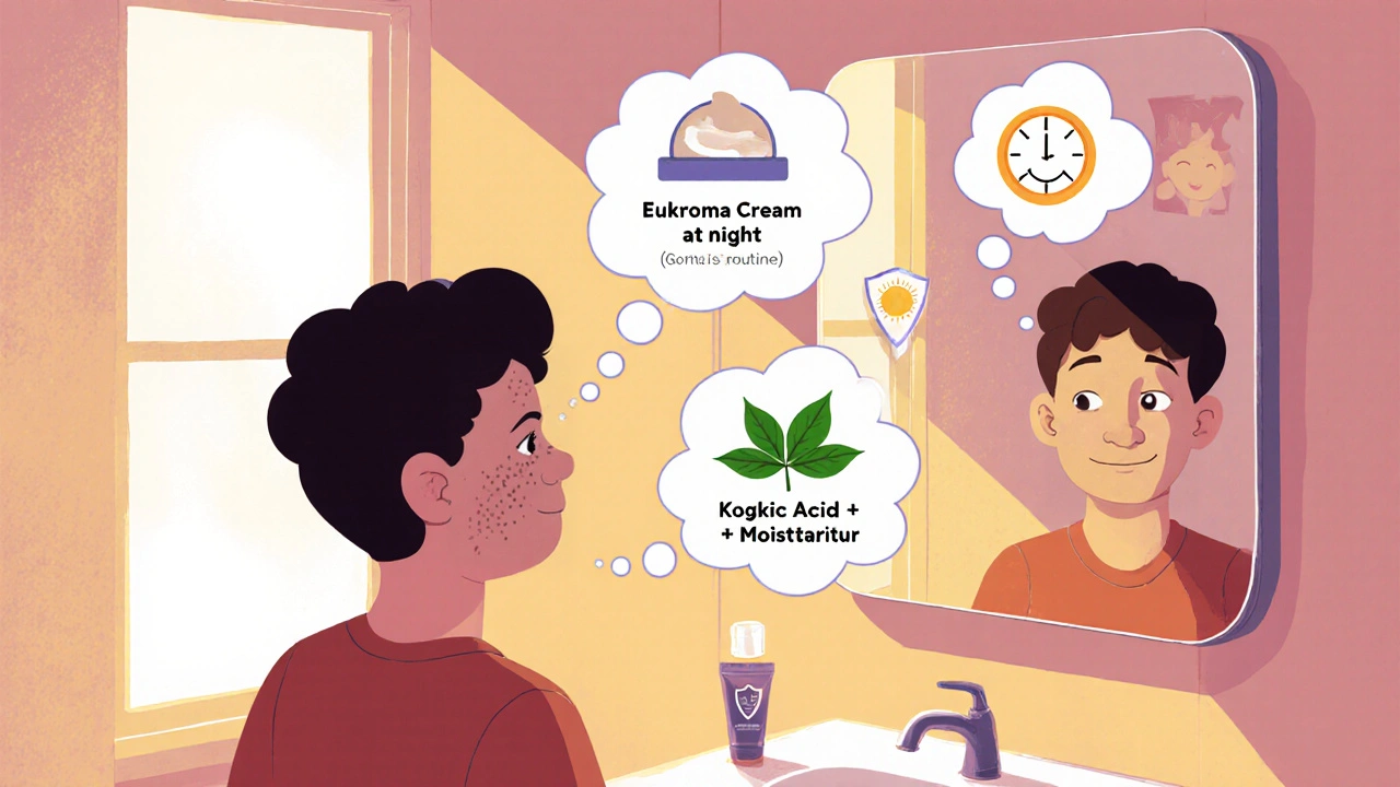 Person in bathroom mirror with thought bubbles showing different skin‑lightening routines and a sunscreen tube.