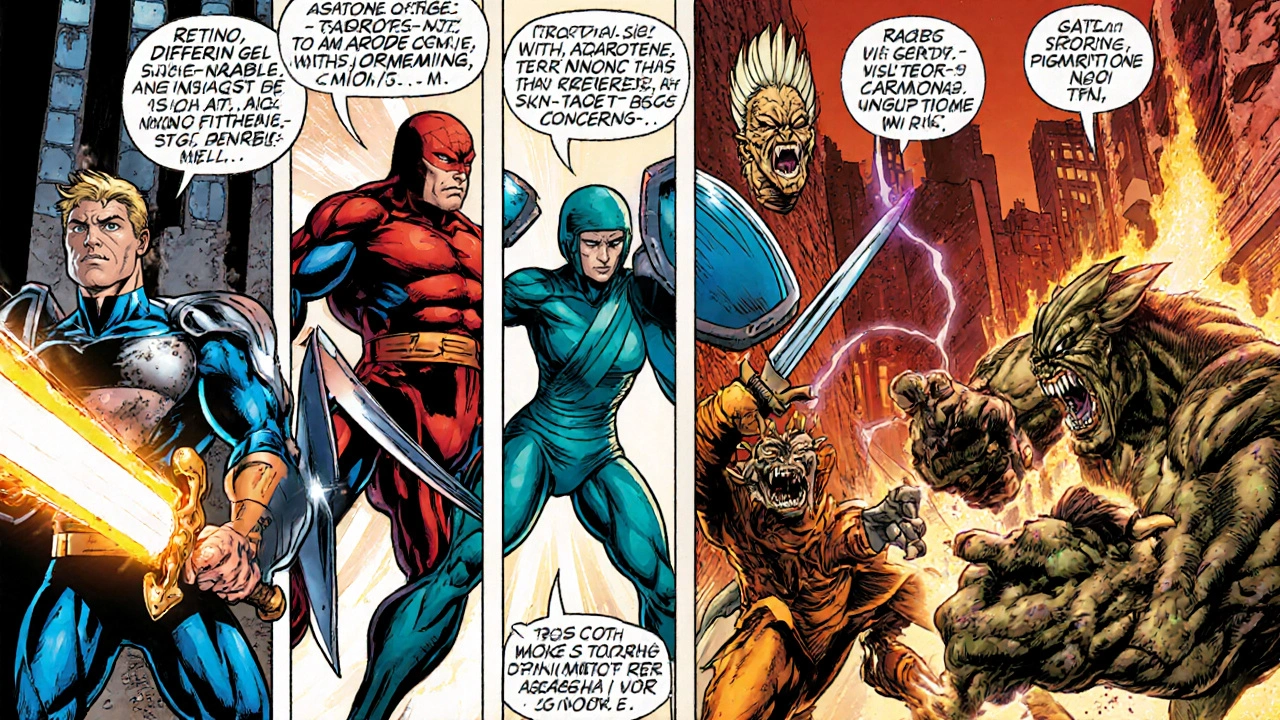 Retinoid heroes battling acne, wrinkles, and pigment monsters in comic panels.