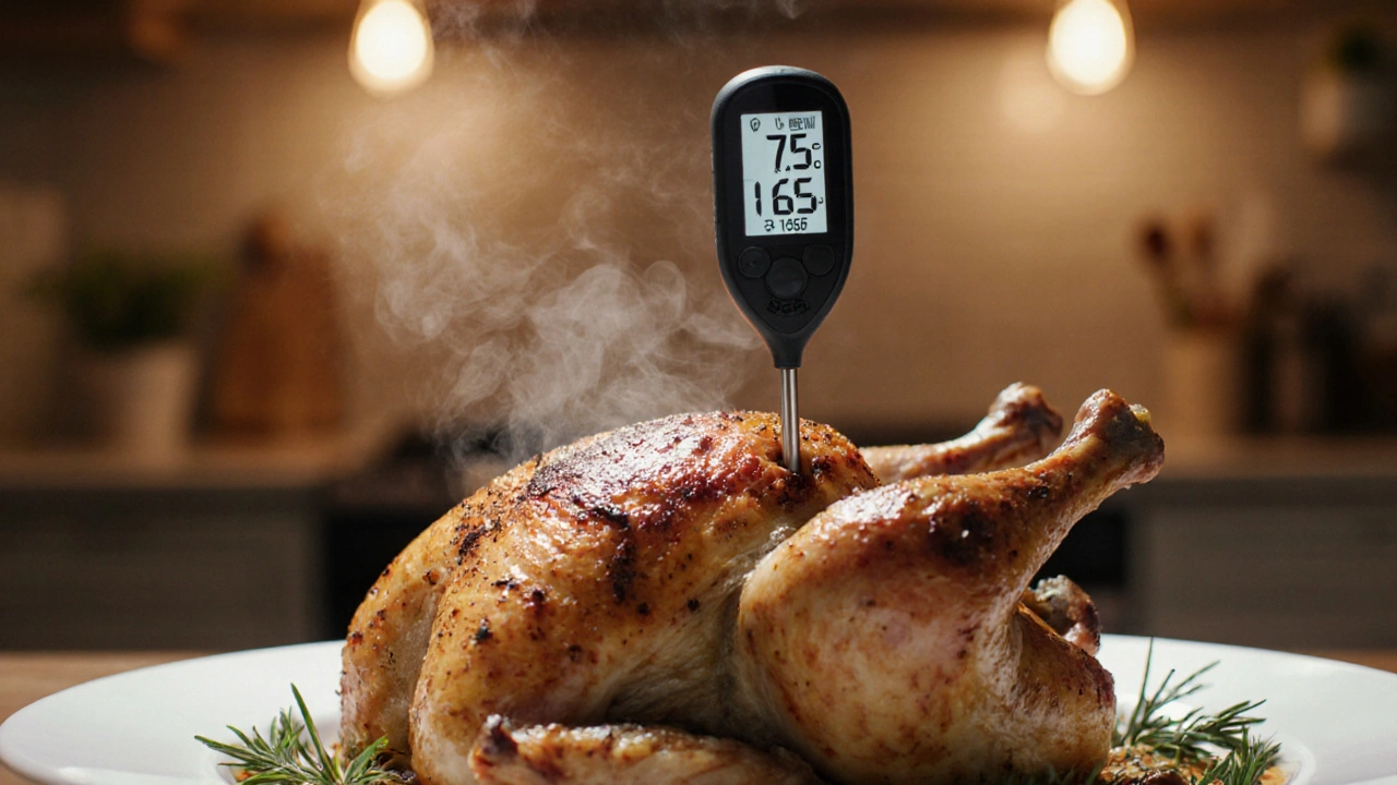 Roasted chicken with a digital thermometer showing 75 °C, indicating safe cooking temperature.