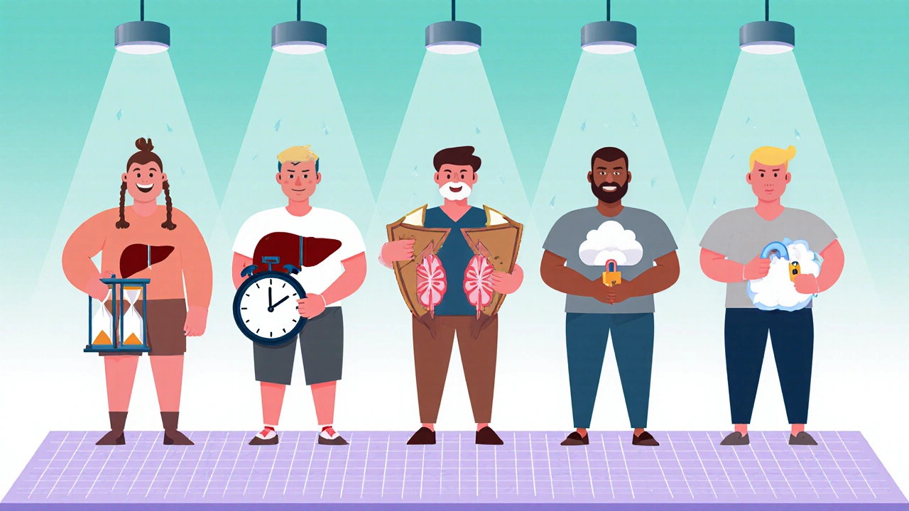 Six cartoon drug characters each holding a symbol of their key properties.