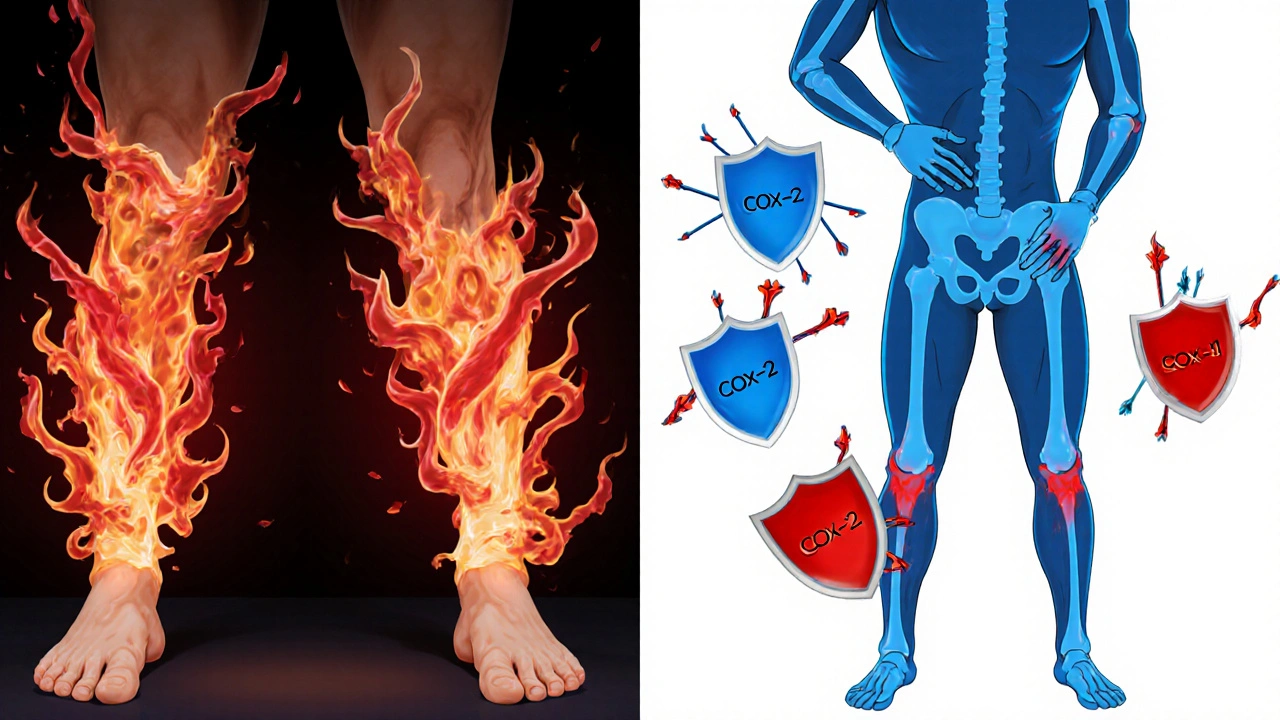 Split illustration showing inflamed joints transforming to calm as etodolac selectively inhibits COX-2 enzymes.