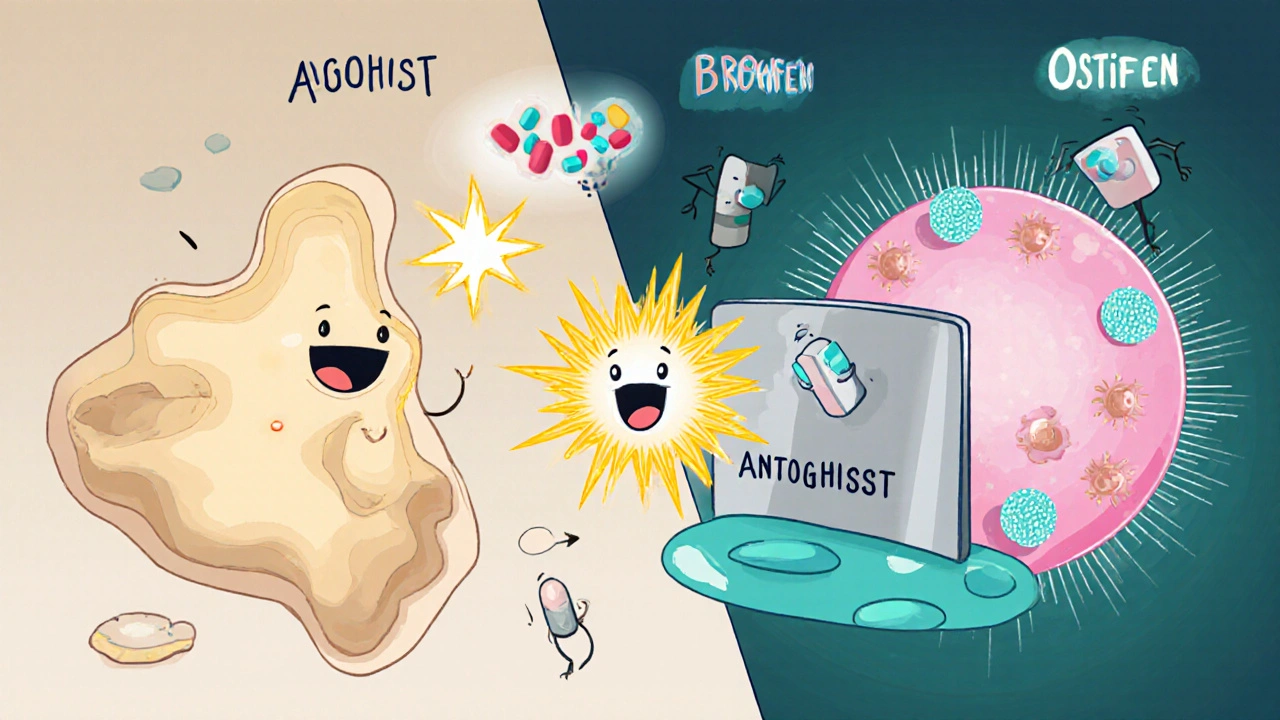 Split‑screen cartoon showing Raloxifene strengthening bone and blocking breast/uterine receptors.