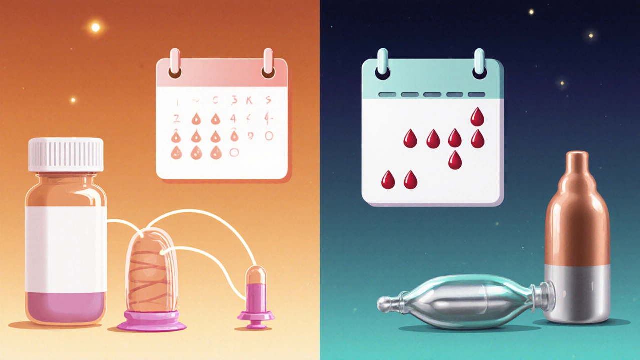 Split-screen showing hormonal methods with light flow and non‑hormonal methods with normal flow.