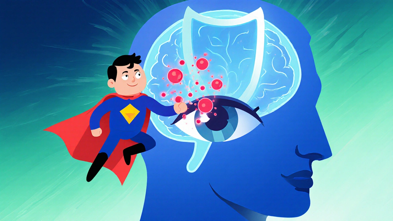 Superhero Clarinex molecule blocks histamine in nose, shields brain.