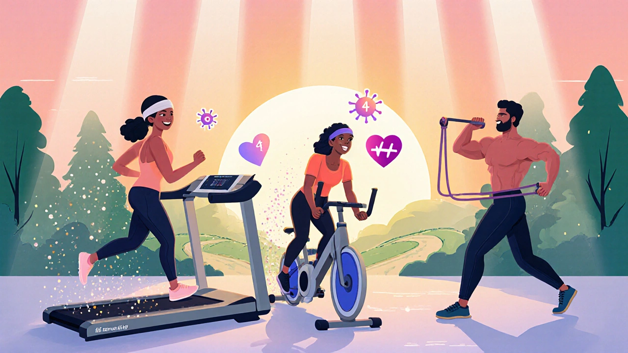 Three characters doing walking, cycling, and resistance training with glowing health icons around them.