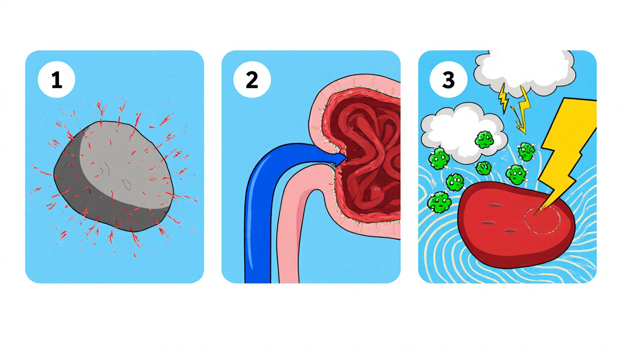 Three‑panel cartoon showing stone scraping, pressure back‑up, and infection.