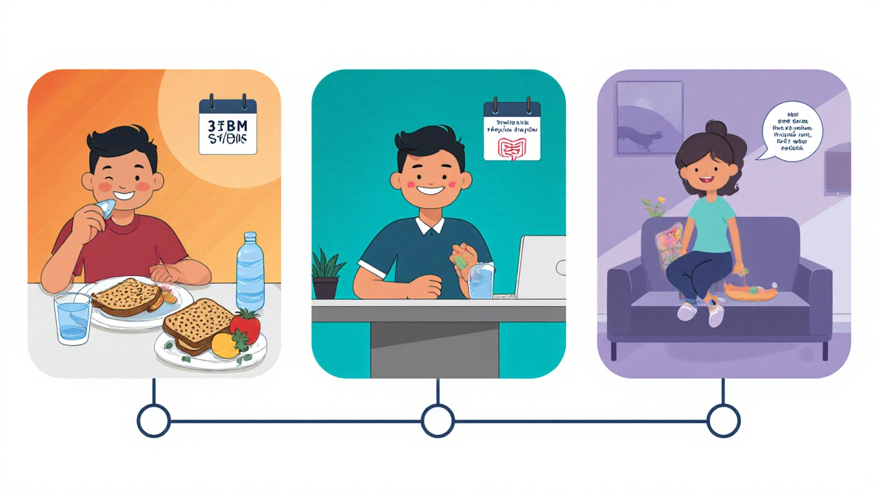 Three‑panel daily routine showing breakfast pill, office confidence, and evening relaxation.