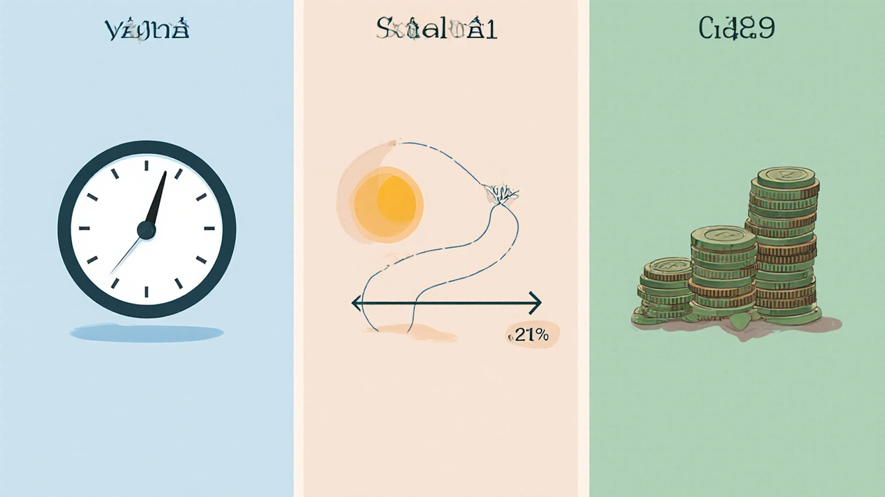 Three‑panel illustration showing fast onset clock, 36‑hour timeline, and decreasing coin stack for ED drugs.