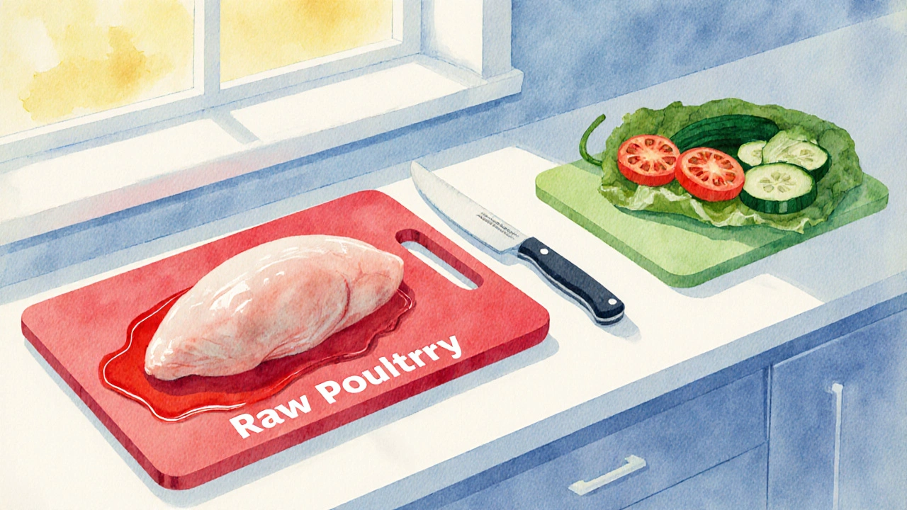 Watercolor kitchen counter with red and green cutting boards separating raw chicken and vegetables.