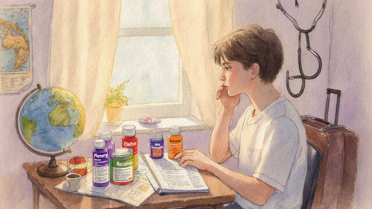 Watercolor of a person reviewing a checklist of antihistamine options at a desk near a window.