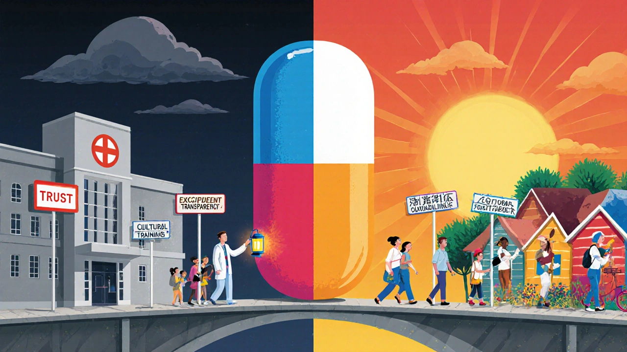 A giant pill-shaped bridge connects a sterile hospital to a vibrant multicultural community, with a pharmacist carrying a trust lantern.