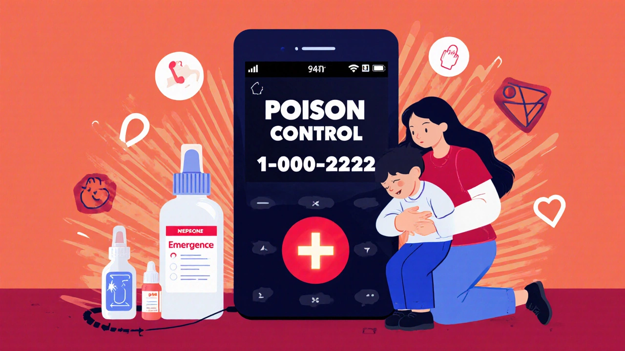 A mother calling poison control with her unresponsive child, naloxone spray visible on the floor.