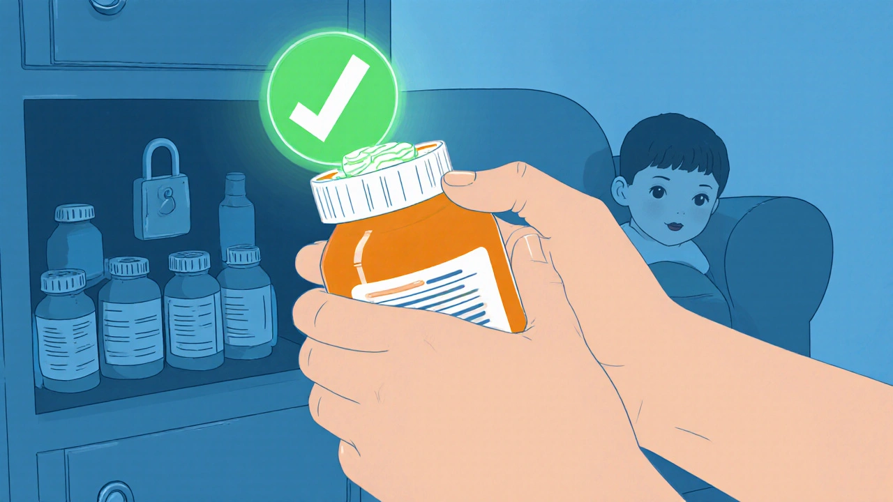 A parent securing a child-resistant medicine cap while a locked cabinet keeps meds safely out of reach.