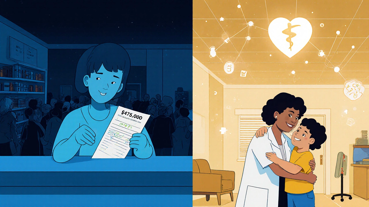 A patient faces financial despair at a pharmacy counter, while in another scene, they joyfully hug their child after successful treatment.