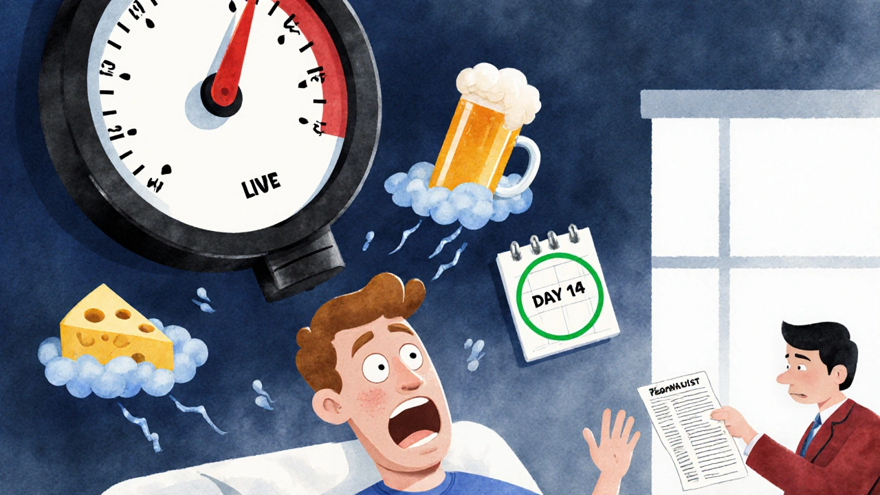 A person with a dramatically rising blood pressure gauge as dangerous foods float above them like storm clouds.