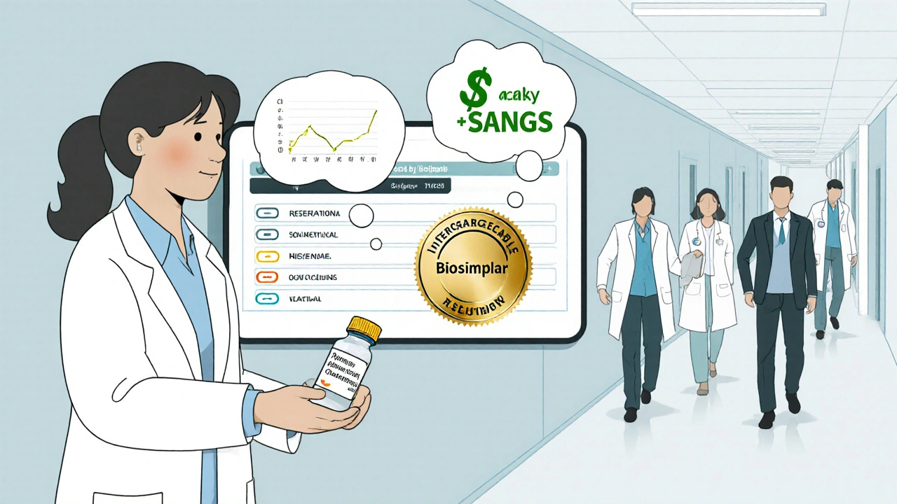 A pharmacist gives a patient a biosimilar vial while an EHR screen glitches between drug names
