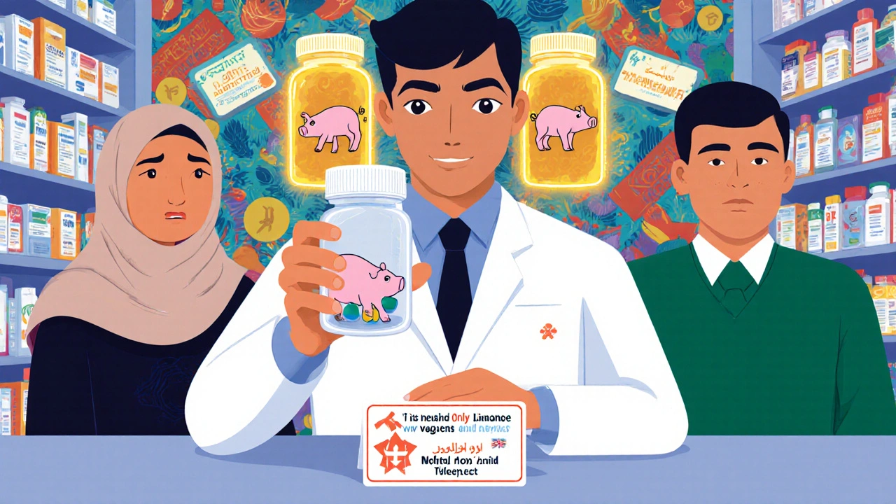 A pharmacist shows a gelatin capsule with a pig symbol to Muslim and Jewish patients who react with distress, while alternative options glow nearby.