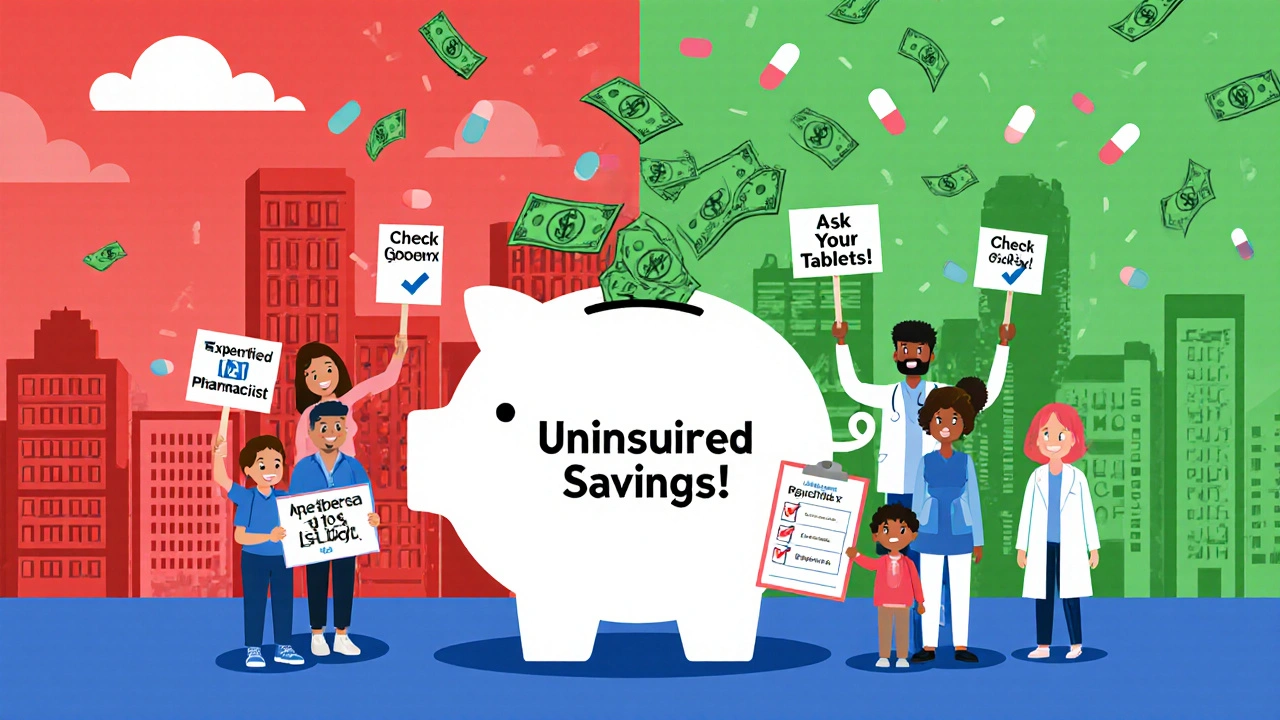 A piggy bank filled with pill-shaped cash, diverse people holding savings tips, and pharmacies turning from red to green.